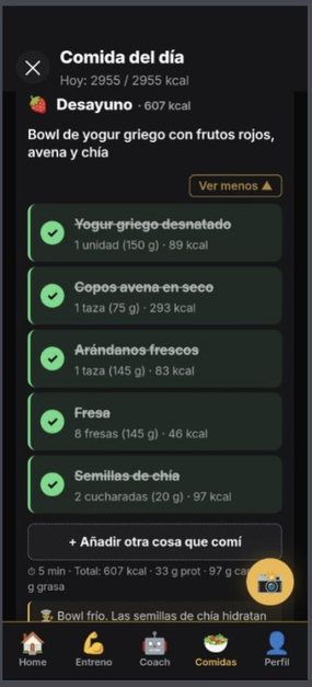 Pantalla Comidas con el menú del día desplegado