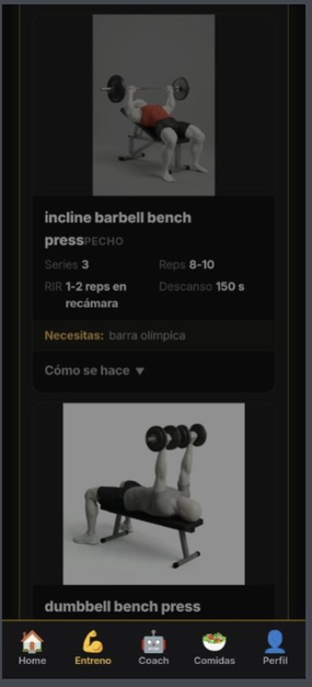 Pantalla Entrenamiento mostrando la rutina del día