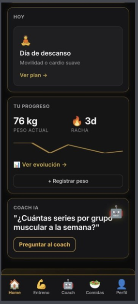 Pantalla principal: macros del día, plan de entrenamiento y peso